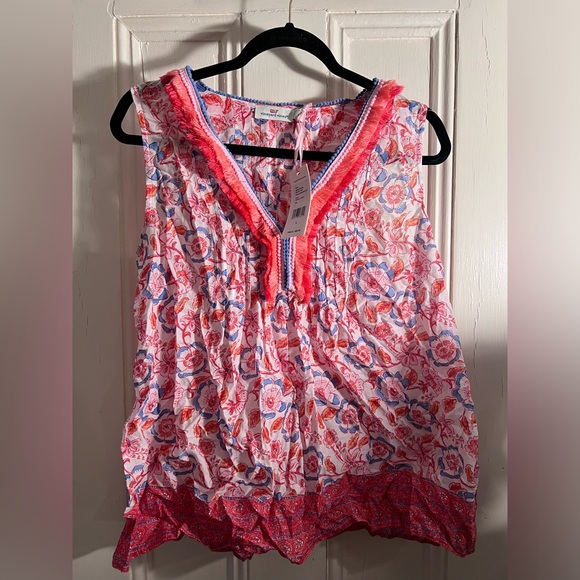 Vineyard Vines Top Women size L, Red Frangipani Floral Pintuck Fringe Sleeveless - Picture 3 of 5